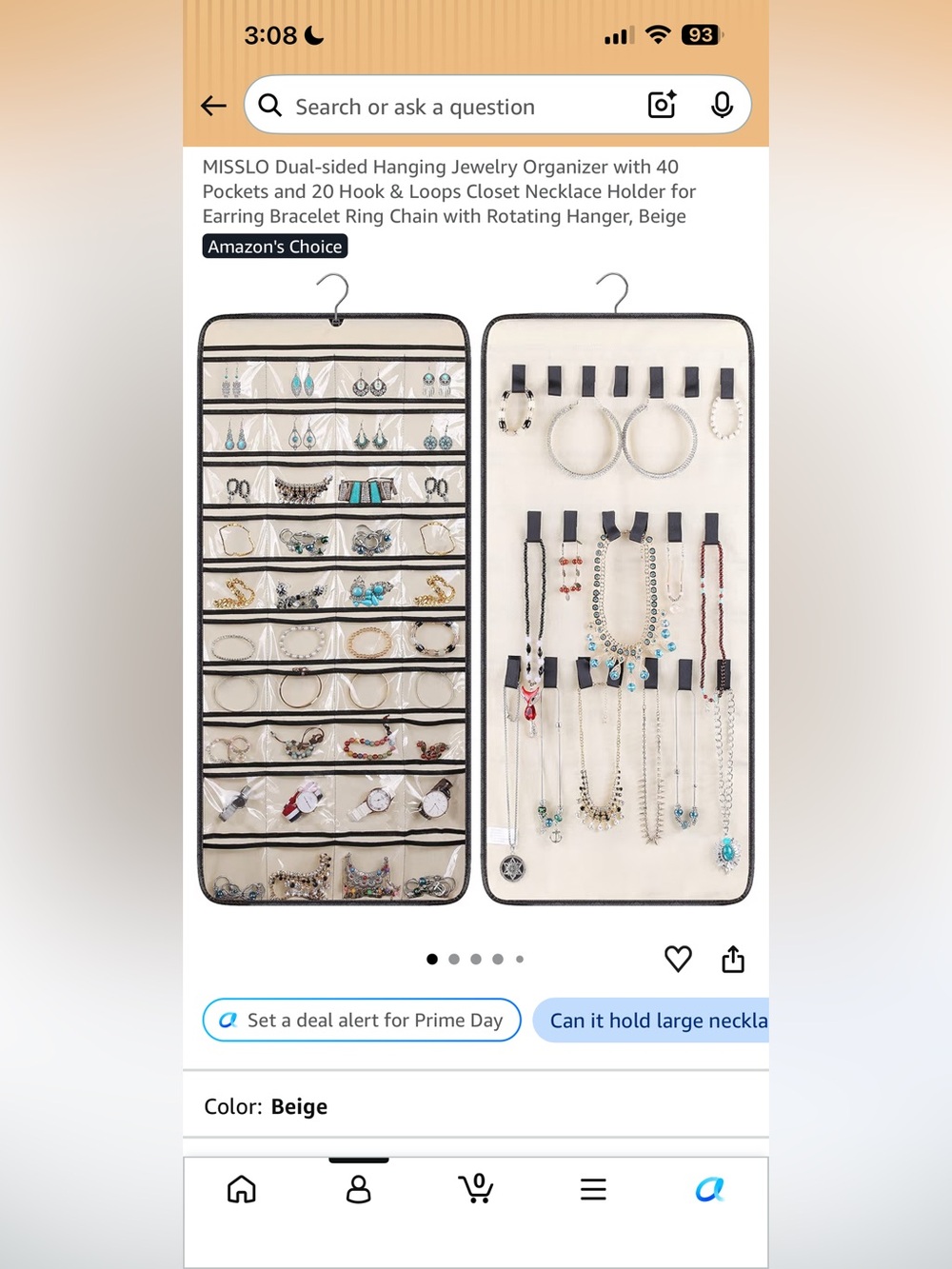 Amazon Dual-Sided Hanging Jewelry Organizer with 40 Pockets & 20 Hooks